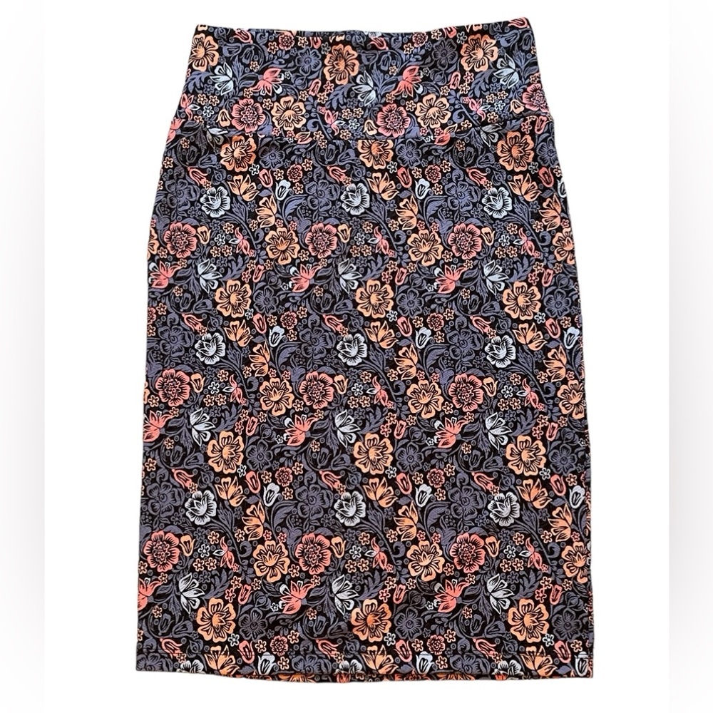 LuLaRoe Cassie skirt, black with blue/yellow/pink floral‎ pattern, size small